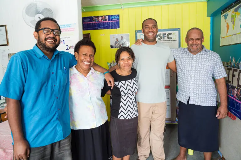Ateca Rabukawaqa (second from left) with Tukana (second from right) and other college ministry leaders in Fiji.